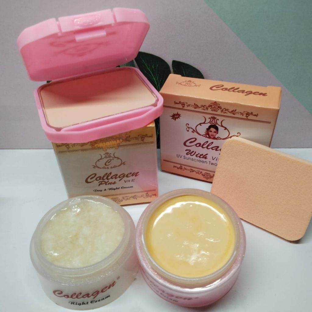 paket collagen cream siang malam+bedak refill