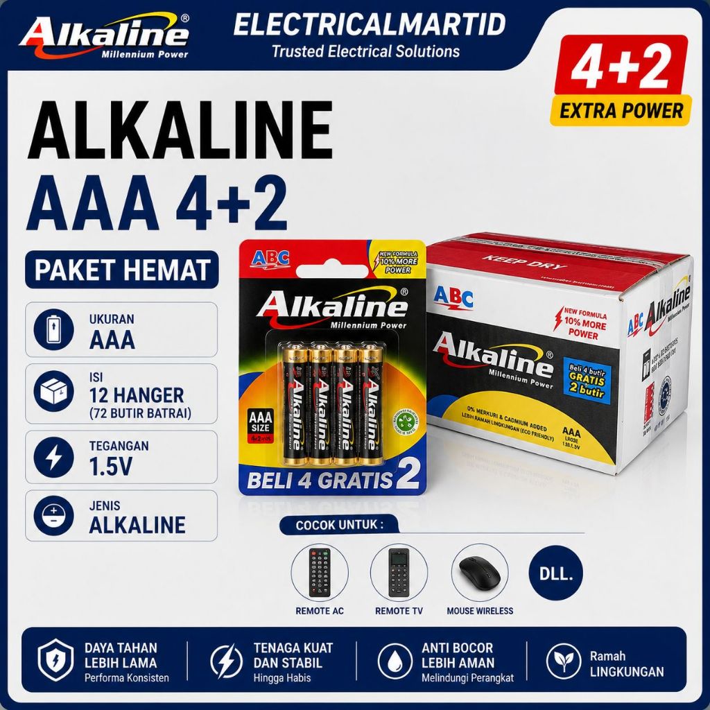 [12 PCS] Baterai AAA ABC Alkaline 6PCS Battery AAA 4+2 KOTAKAN