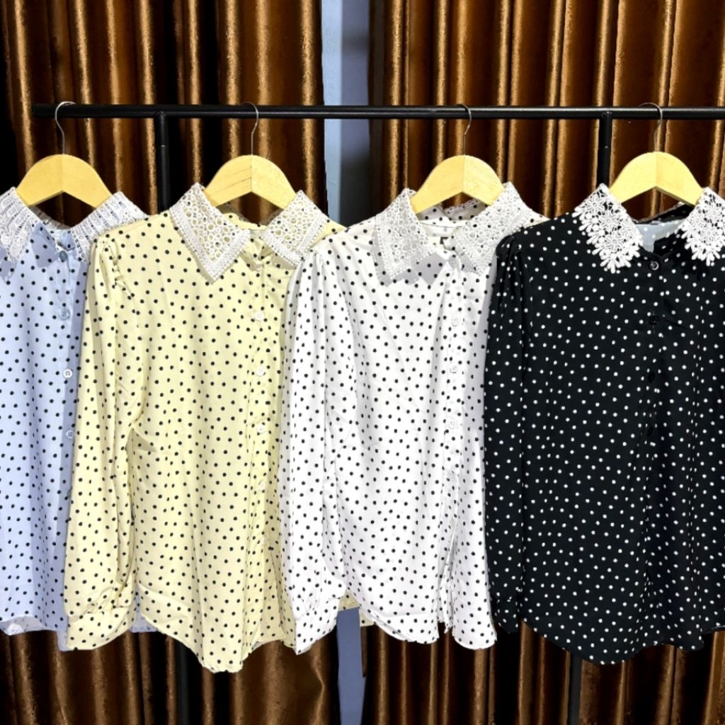 Kemeja Polkadot Wanita Kerah Renda / Blouse Korea Polka Vintage