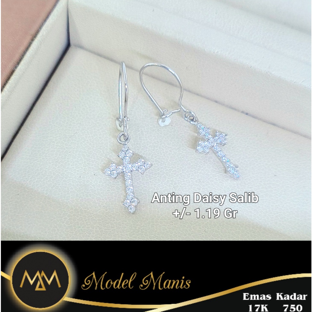 Anting Daisy gantungan salib emas putih 750 kadar 17k
