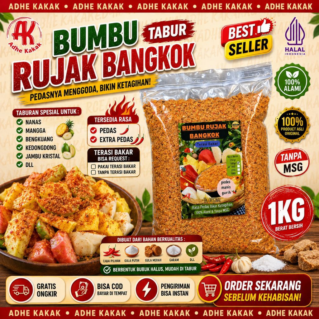 (bubuk halus) sambel Bumbu rujak bangkok tabur 1kg bumbu rujak pedas terasi bakar