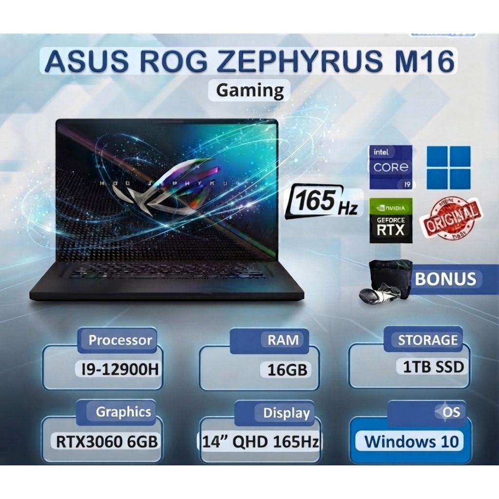 laptop Asus Zephyrus m16 gu603zm core i9 Rtx.3060 like new 95%