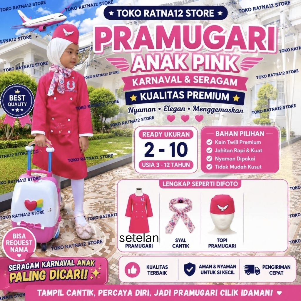 Baju pramugari anak cewek/ Baju profesi pramugari anak PAUD, TK, SD/ kostum pramugari anak warna pin
