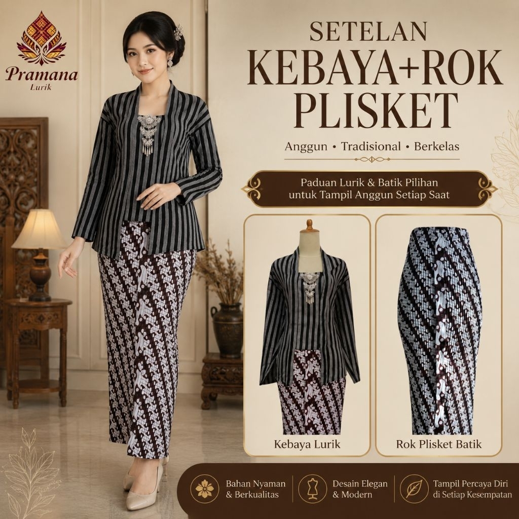 Setelan Kebaya Lurik Dewasa Kutubaru ABU Lengan Panjang Set Rok Plisket