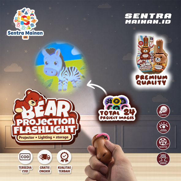 Sentra Mainan Senter Proyektor Beruang Bear Projection Flashlight Proyeksi Gambar Edukasi Anak