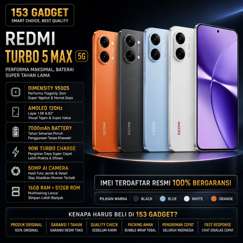 Redmi Turbo 5 Max 5G | Snapdragon Killer | Dimensity 9500S AMOLED 120Hz | 9000mAh | Garansi 1 Tahun