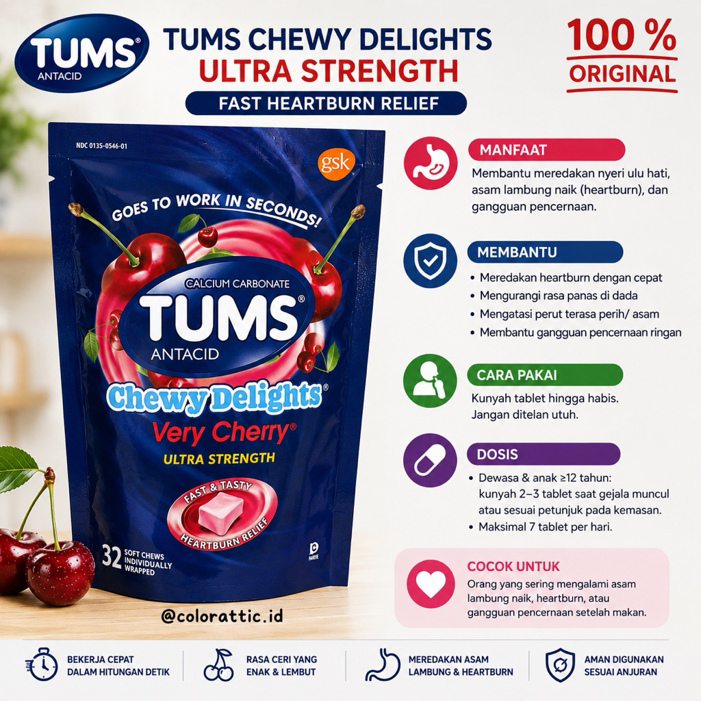 TUMS Chewy Delights Very Cherry Ultra Strength 32 Tablet - Obat Asam Lambung & Heartburn Cepat Berke