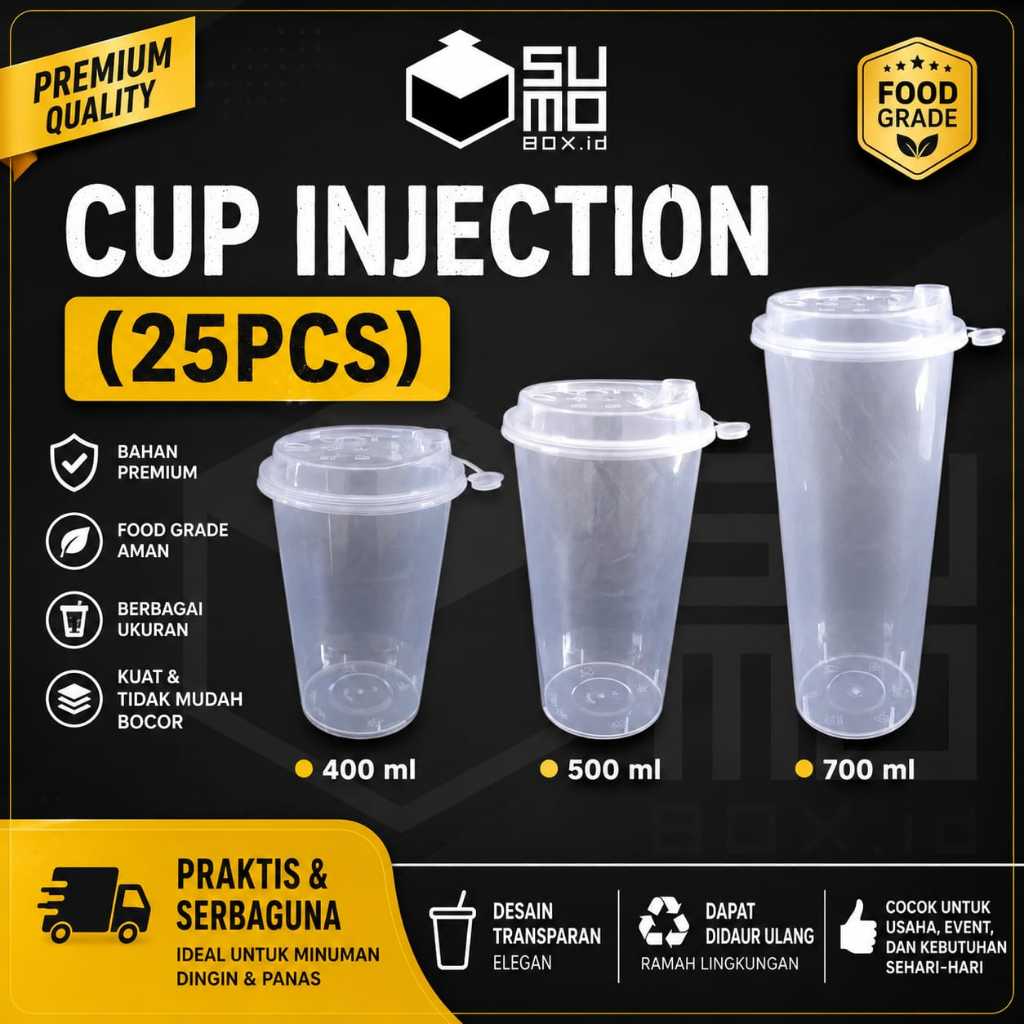 Cup injection + Tutup isi 25pcs (14oz / 16oz / 22oz) Cup Injection Reusable