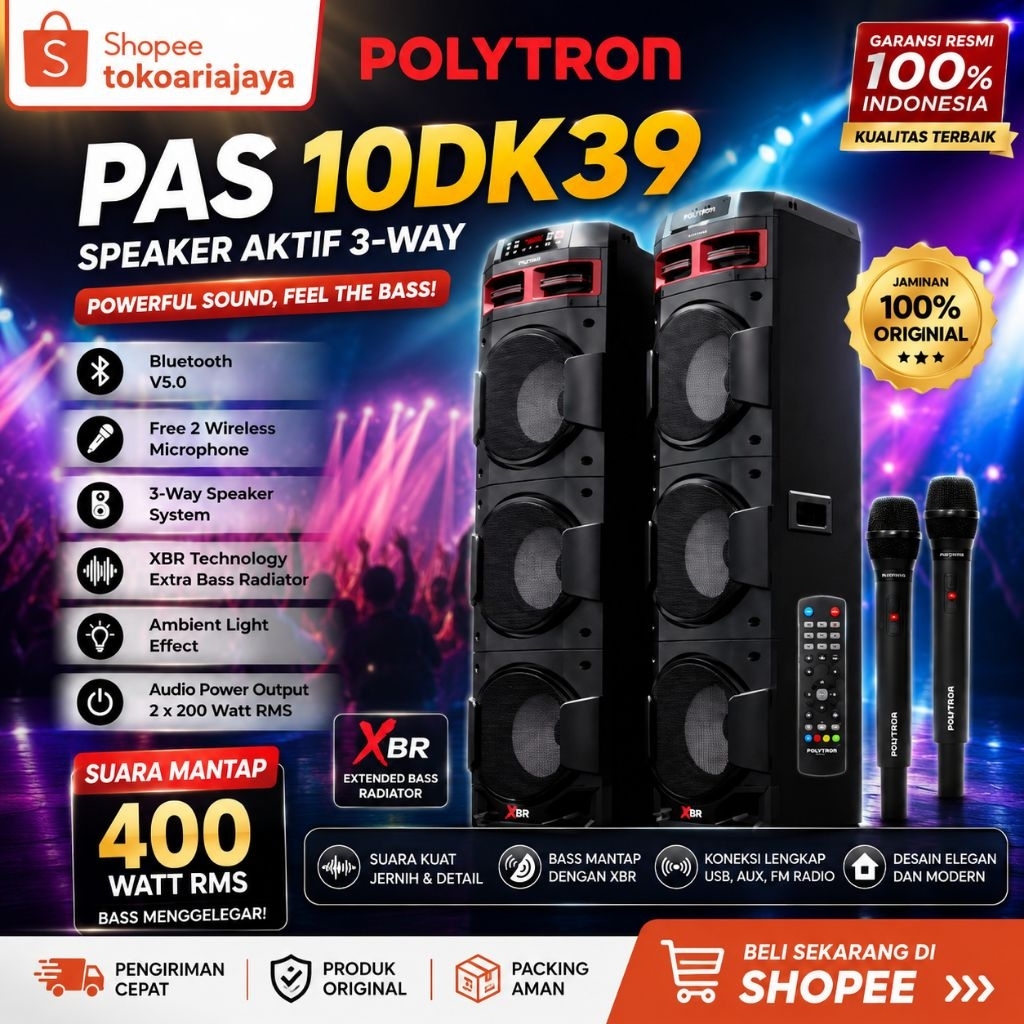 SPEAKER ACTIVE POLYTRON PAS 10DK39 BLUETOOTH KARAOKE STEREO WOOFER XBR SUPER BASS 10 inch 10in 10" A