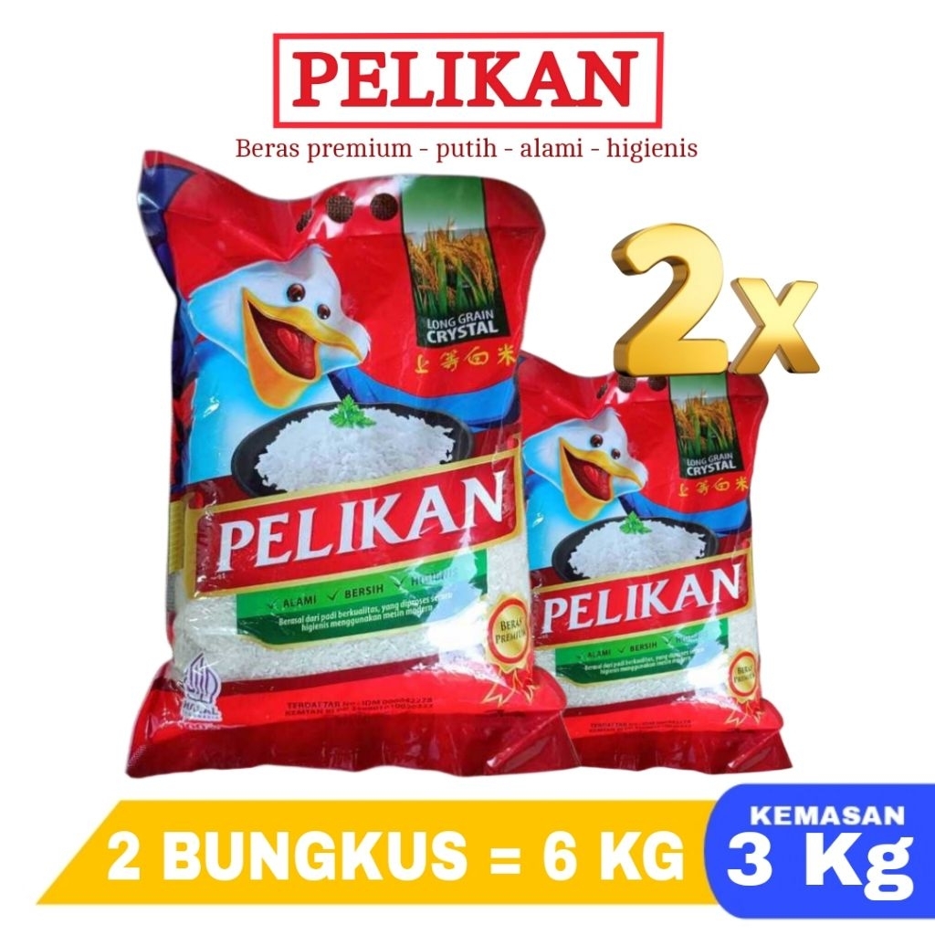 Bisa COD 2 Bungkus Beras Pelikan Premium kemasan 3kg  - Beras 3kg pelikan - Pelikan 6 kg, Beras prem