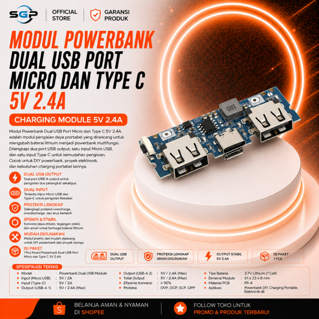 Modul Powerbank Dual USB port Micro dan type C 5v 2.4A Module Powerbank 2 Slot Usb Tipe C Kit Powerb