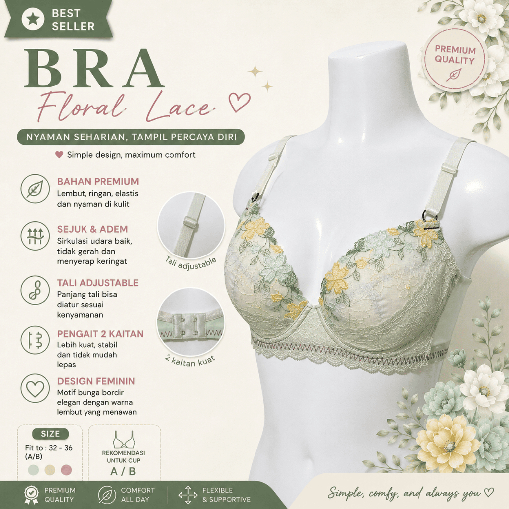 BRA FLORAL LACE HIJAU WACOAL SIZE 34B 36B 38C 38D