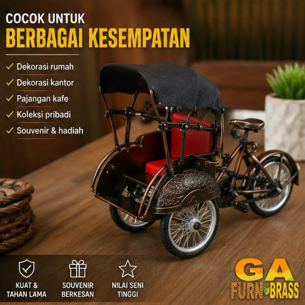 Miniatur Becak Klasik Metal Handmade Pajangan Becak Antik Vintage Dekorasi Rumah Kantor Koleksi Souv