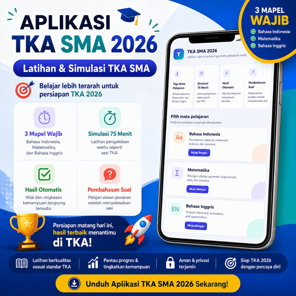 Aplikasi TKA SMA 2026 Latihan & Simulasi Bahasa Indonesia Matematika Bahasa Inggris + Pembahasan