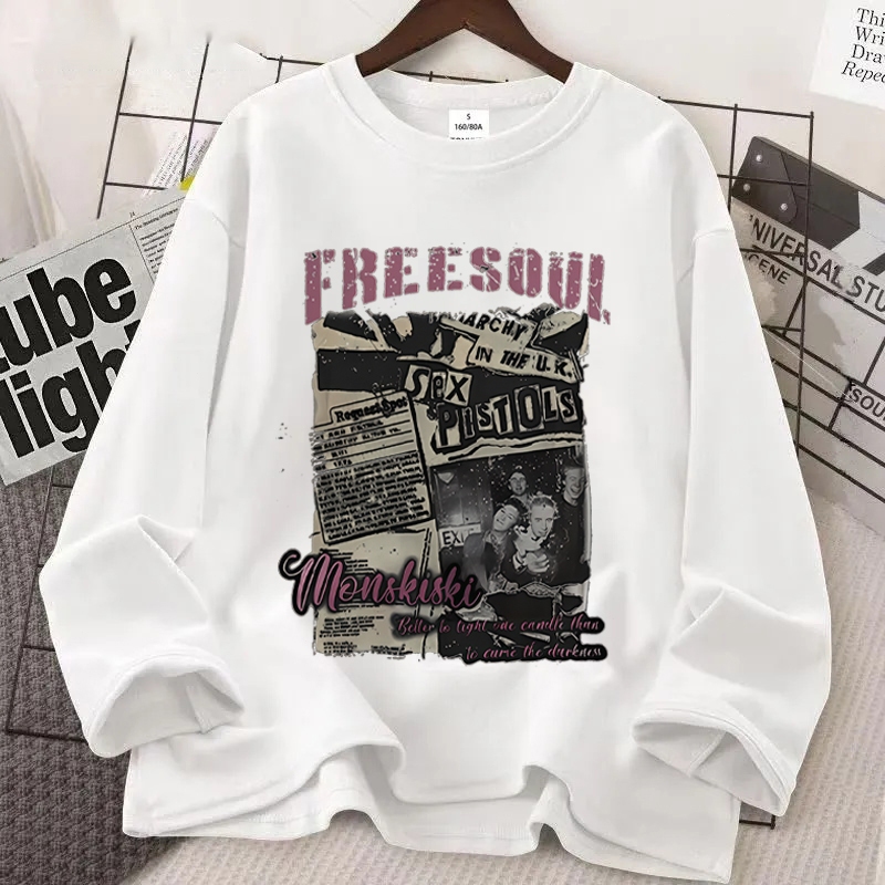 POIKILOTHERM PLTH Kaos Longsleeve Unisex Pria Wanita Warna Putih Hitam Motif Koran Kolase Sketsa Mus