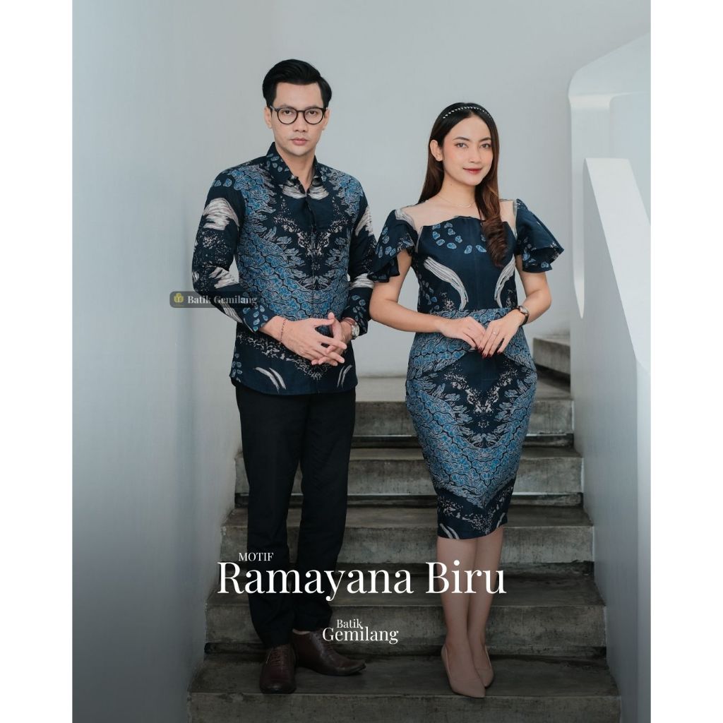 Batik Sarimbit Couple Pria Wanita Kemeja Dress Premium Biru Elegan Cocok Kondangan Gereja Formal Mot