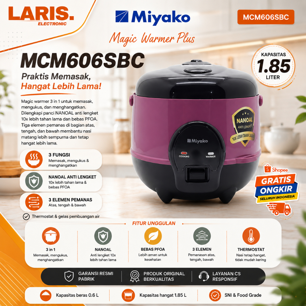 Miyako Rice Cooker MCM606BSBC - Memasak Nasi Sempurna dengan Teknologi 3 Elemen Pemanas
