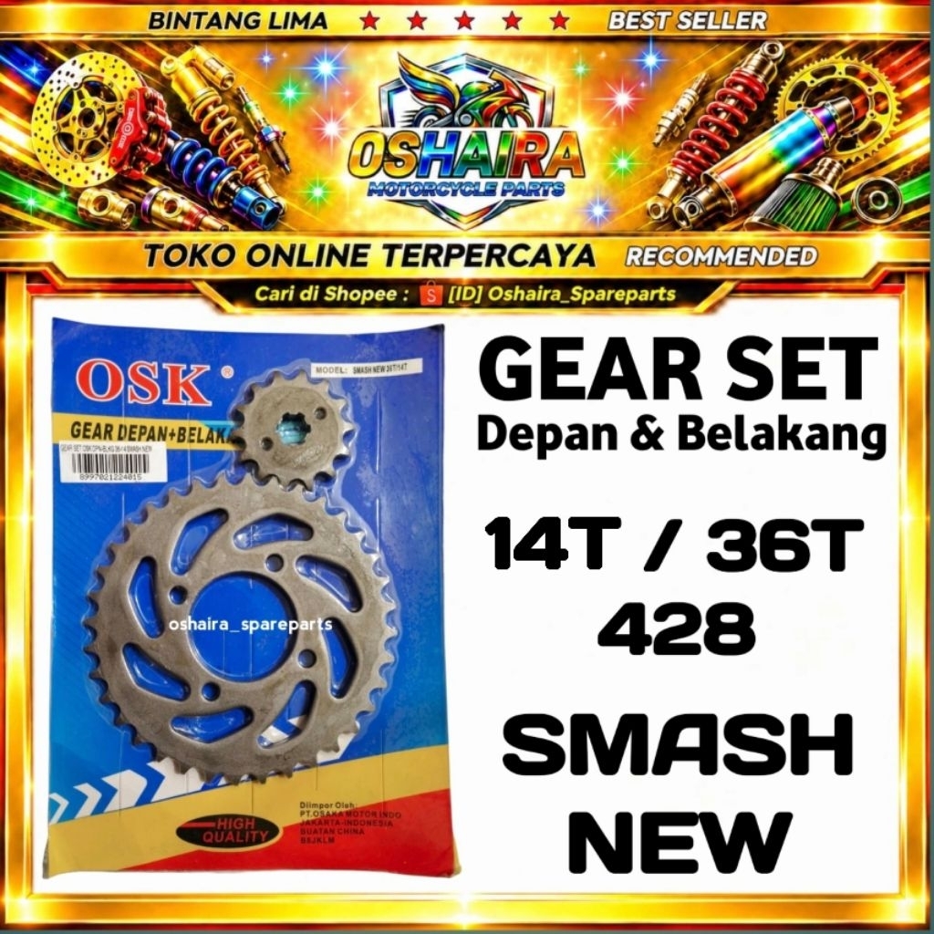 GEAR SET SMASH NEW 14T/36T-428 // GEAR SET SUZUKI SMASH NEW, GEAR PAKET SMASH NEW, GIGI TARIK SMASH 