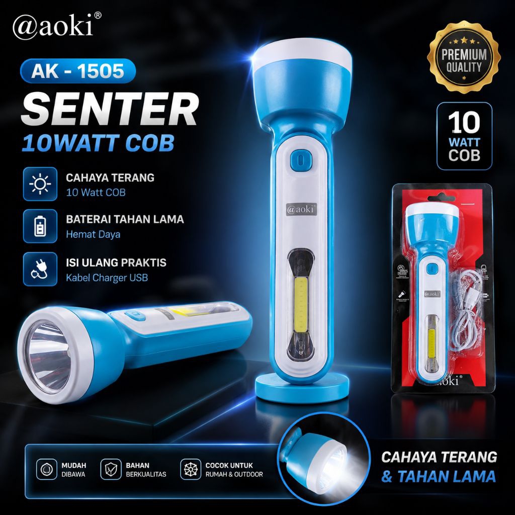 Senter Tangan aoki 1505 / Senter Cas / Lampu senter Murah bagus COD / Senter aoki 10 Watt