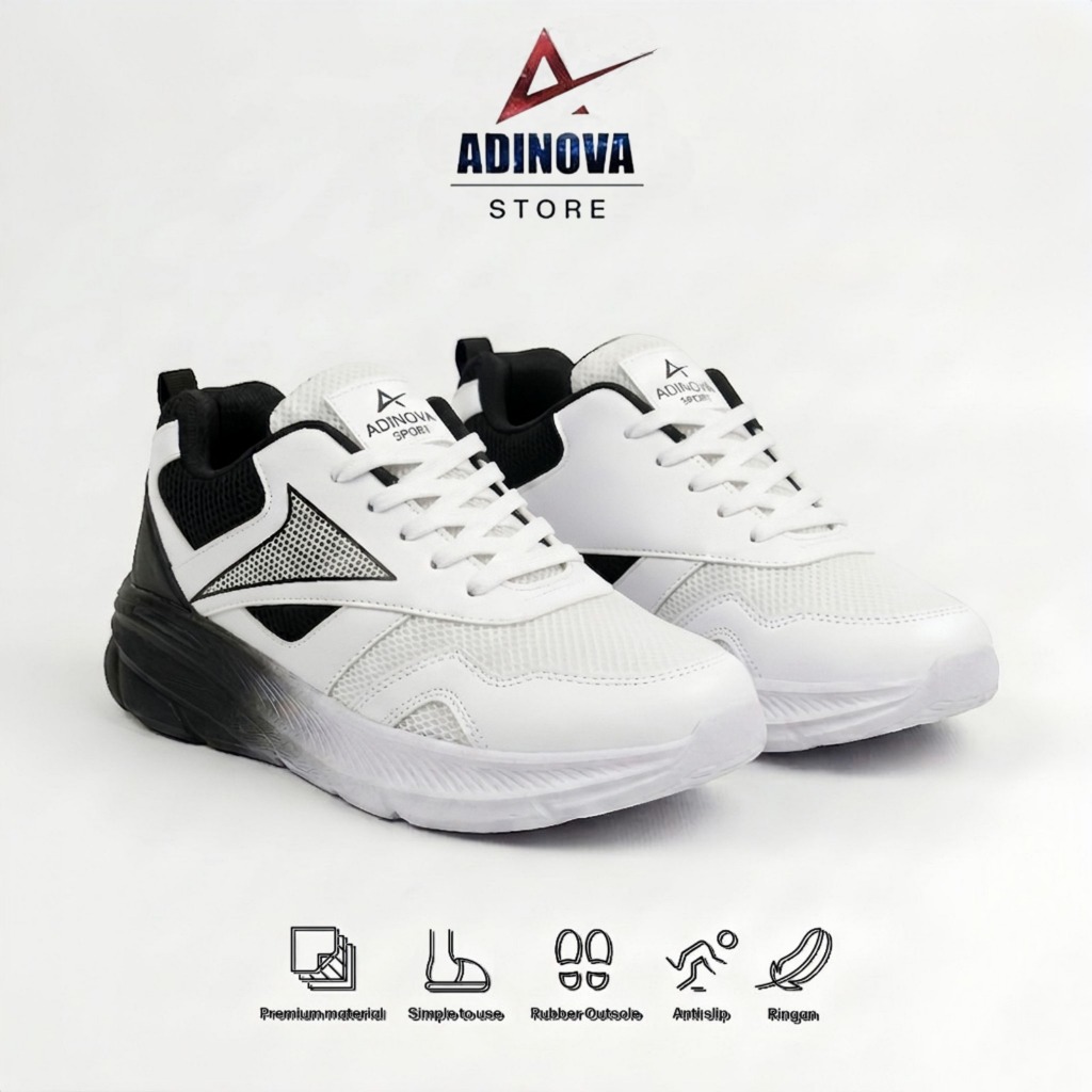 Sepatu Sneakers Pria Wanita ADINOVA Sport Putih Hitam dengan Tali Anti Slip Ringan