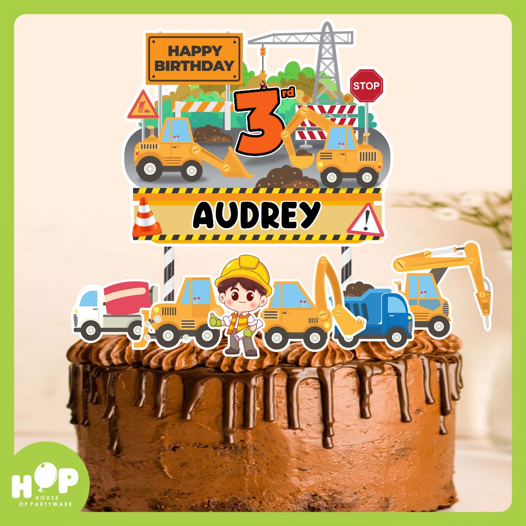 Topper Cake Konstruksi Alat Berat Excavator + Custom Nama Umur / Hiasan Kue Ulang Tahun Tema Constru