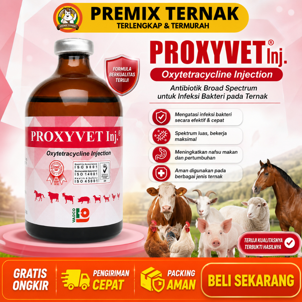 PROXYVET INJ 100ML - Obat Hewan Antibakteri Spektrum Luas Sapi Kambing Domba Babi Anjing Kucing Ayam
