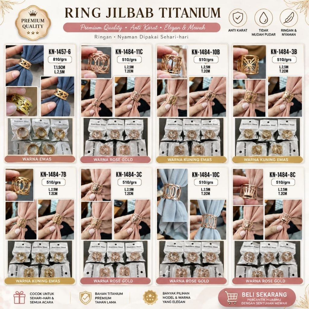 GROSIR PERLUSIN RING HIJAB TITANIUM GOLD DAN ROSE GOLD