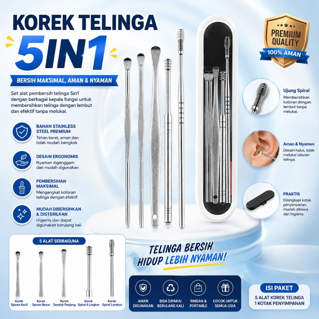 Korek Kuping 5in1 Stainless Alat Pembersih Telinga 5 in 1 Ear Wax Picker 5pcs