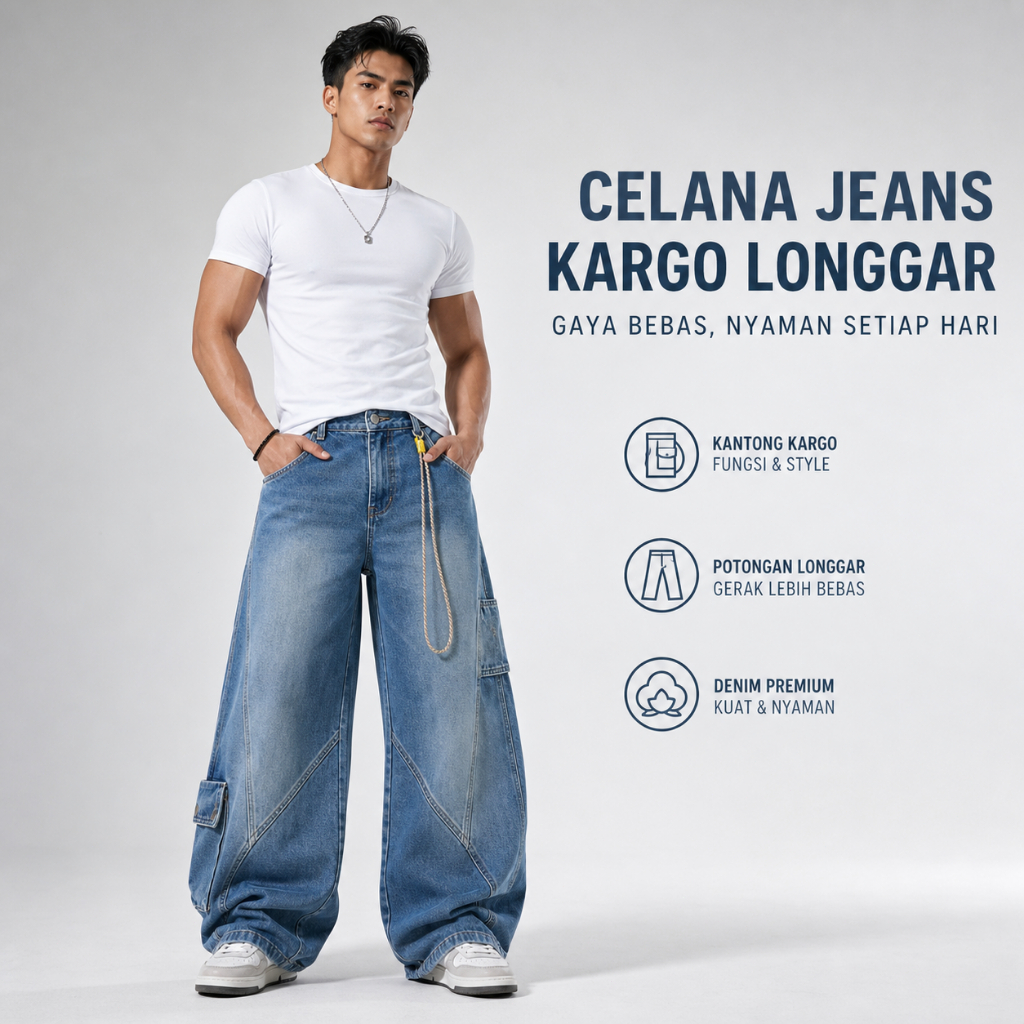 CARGO JEANS Celana Panjang Jeans Cargo Pria Loose Panjang Pria Unisex