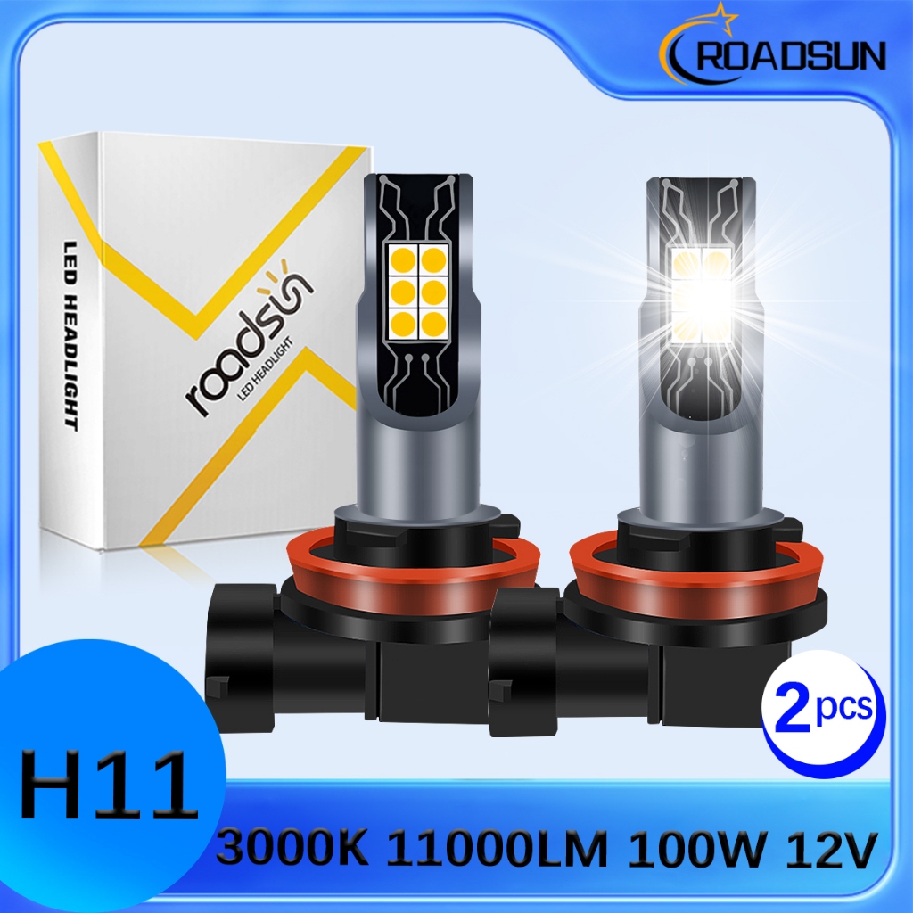Roadsun Lampu Kabut Mobil LED H11 880 881 Sepasang 12V 100W 11000LM 3000K Cahaya Kuning Super Terang