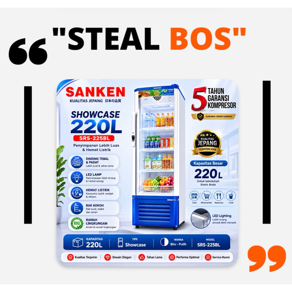 SHOWCASE SANKEN 4 rak sanken SRS 225 BL/MR showcase sanken 4 rak 220 L 4 rak showcase sanken 220 L