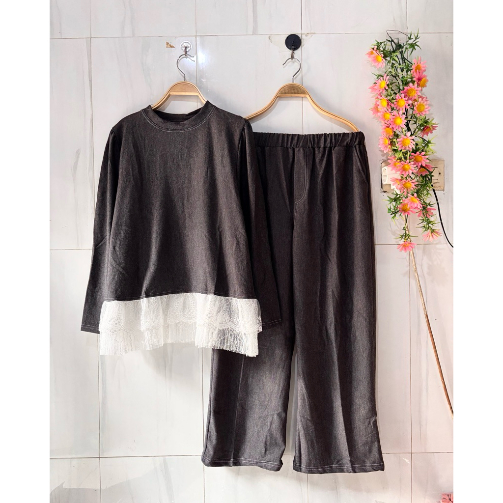 setelan celana wanita kulot lebar kombinasi salur kaos knit setcel wanita