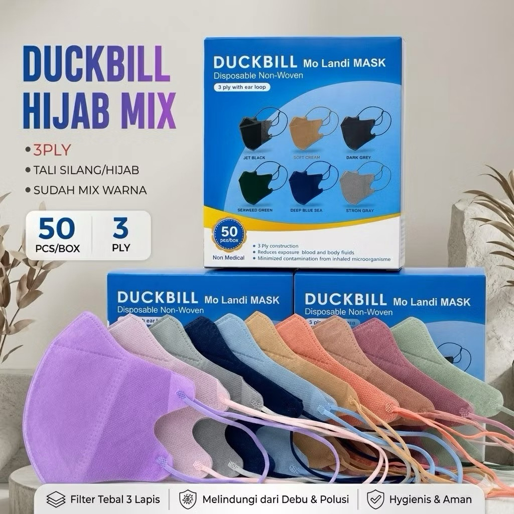 MASKER DUCKBILL HIJAB MIX WARNA 1 BOX ISI 50PCS | MASKER HIJAB WARNA WARNI