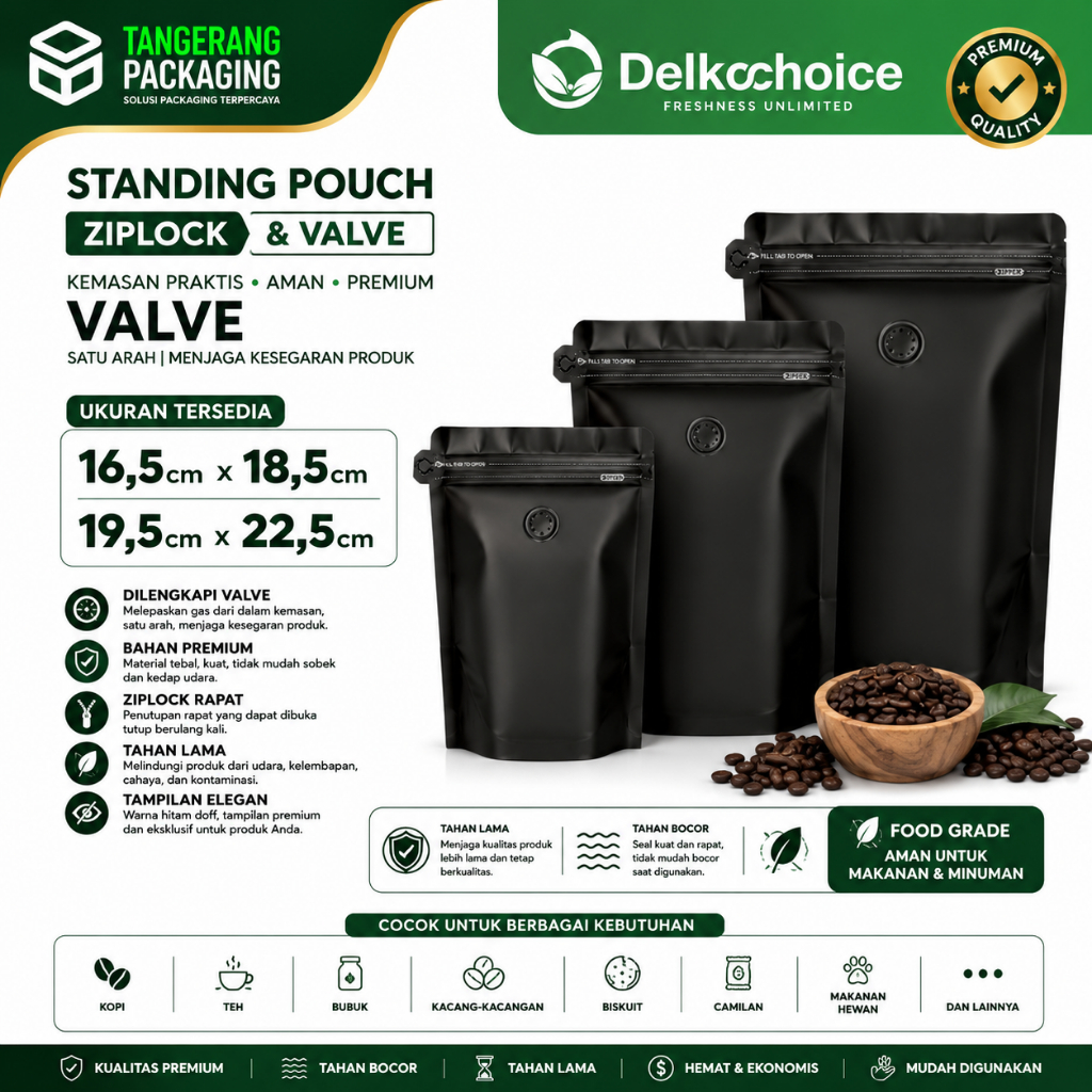 Standing Pouch Premium Diamond Zipper +Valve Kemasan Kopi Delkochoice Black
