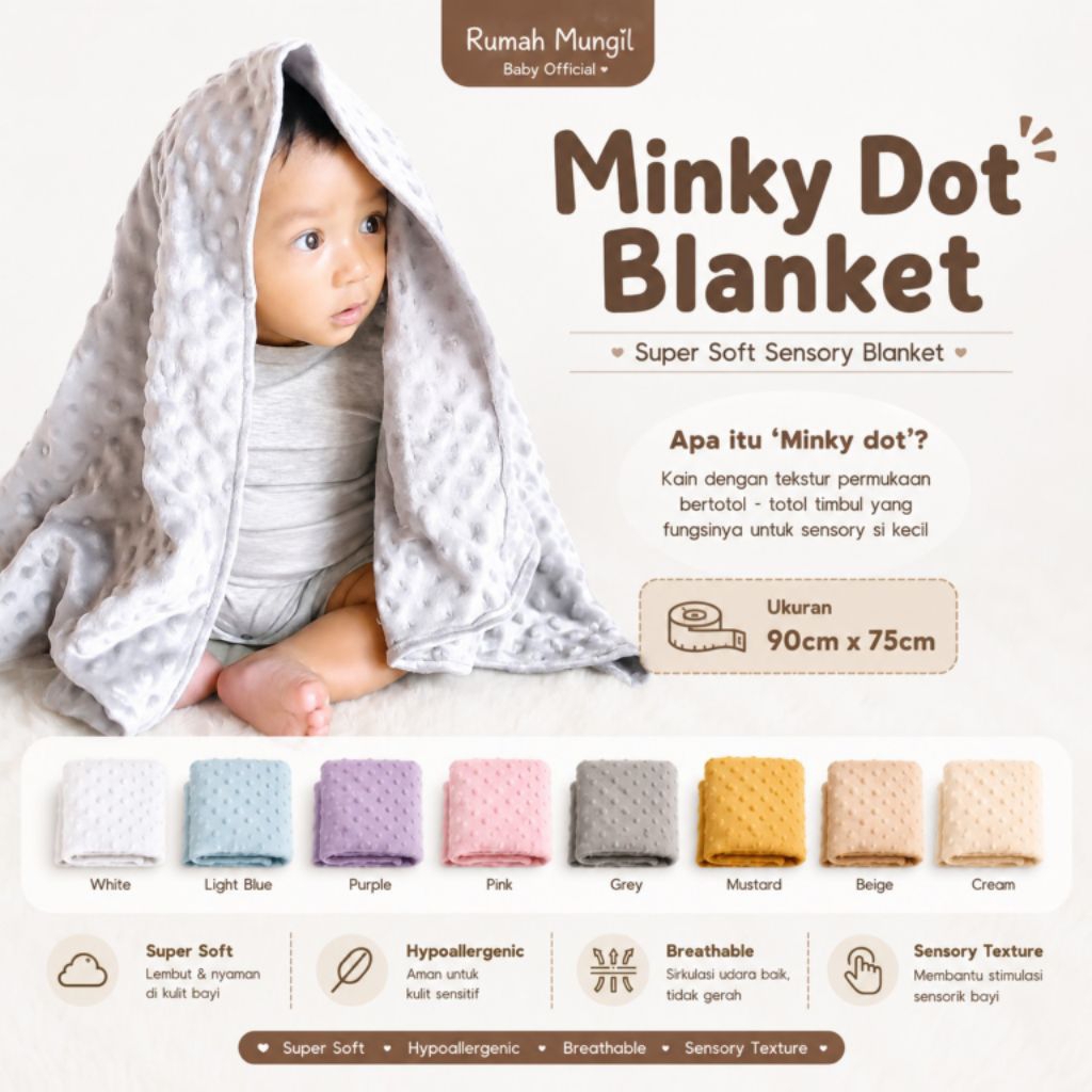 Cullinan Minky Dot Blanket - Selimut Sensorik Bayi 90x75 cm - Newborn - 1 lapis  | Rumah Mungil Baby