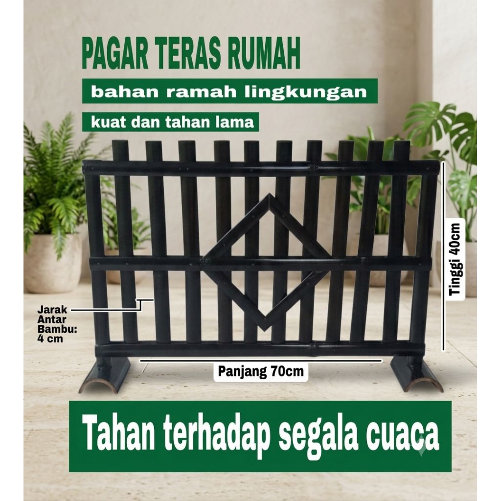 Pagar Teras Bambu Hitam Wulung 70x40 cm Minimalis Tahan Cuaca Pembatas Taman & Hewan Pelindung perci