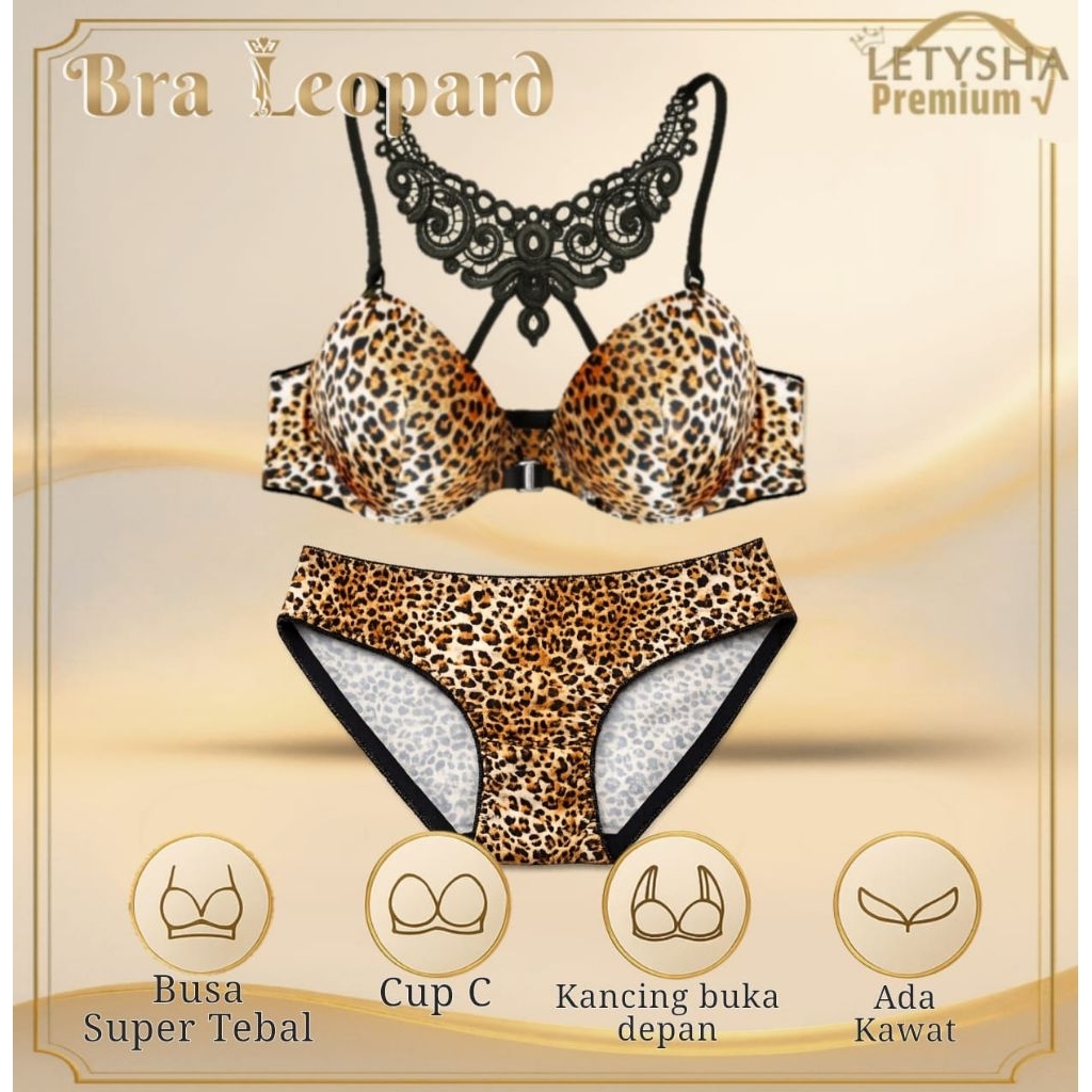 Letysha Premium Bra - Leopard Bra Set Busa Tebal Push Up Kancing Depan Cup C