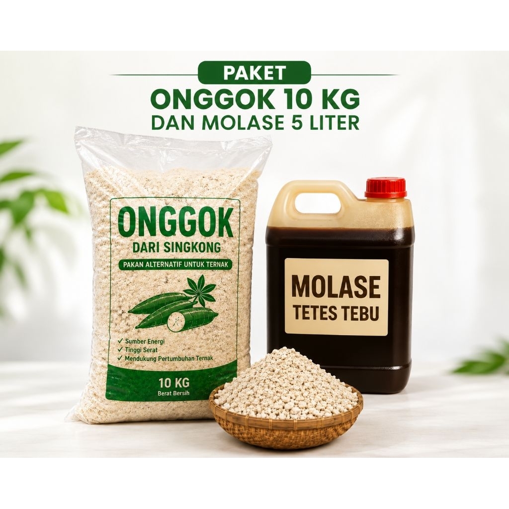 Paket onggok singkong 10 kg+Molase tetes tebu 5liter/pakan ternak Sapi, Kambing &Domba berkwalitas