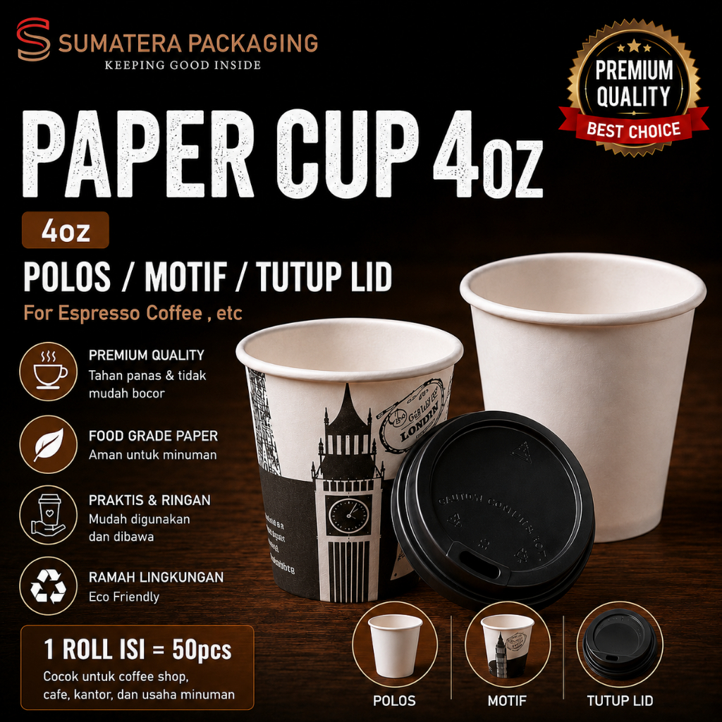 PAPER CUP & TUTUP LID PLASTIK 4OZ  POLOS & MOTIF 50pcs Tebal Gelas Kertas Kopi 4 OZ Tahan Panas 120m