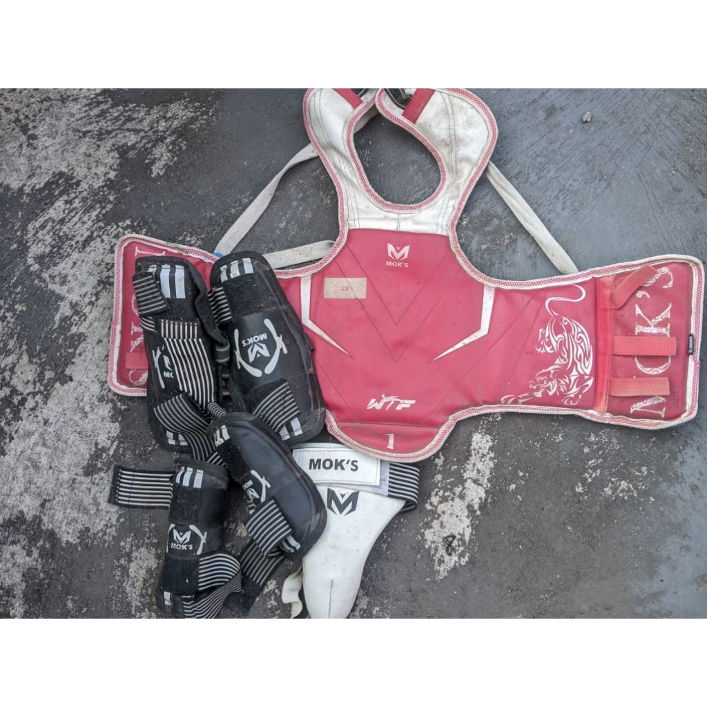 1 Set Body Protector Taekwondo MOK'S Bekas Original | Hogu + Pelindung Lengan, Kaki & Selangkangan