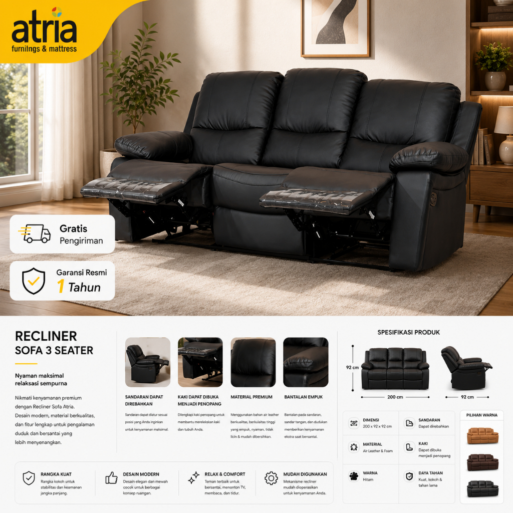 Atria Sofa Recliner Livana Black/Tan 3 Seater