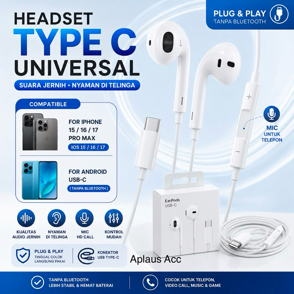 Headset Type C Original Universal Tipe C Ear Pods Plug & Play Mic HD Call untuk iOS 15/16/17 Pro Max & Android USB-C
