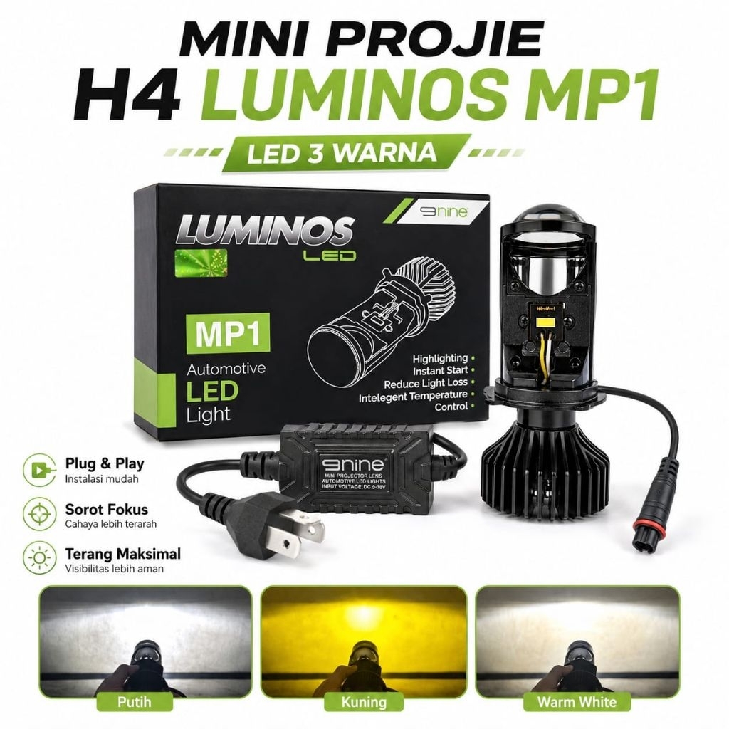 Lampu Depan Motor Luminos MP1 H4 3 Warna LED Mini Projector Anti Panas Hemat Daya