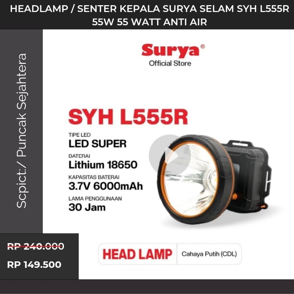 Promo Headlamp / Senter Kepala Surya Selam SYH L555R 55w 55 watt anti air