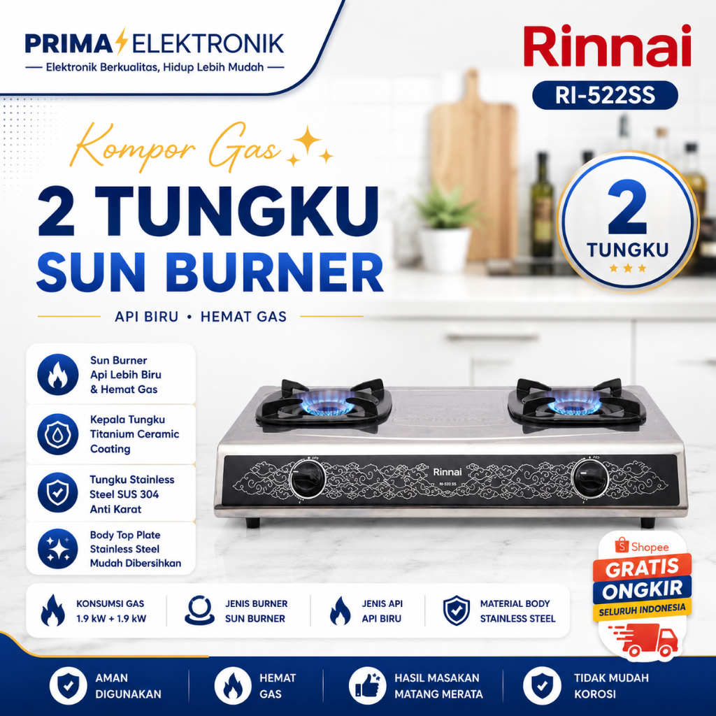 RINNAI KOMPOR GAS RI522SS 2 Tungku/RI-522SS/RI 522SS/ Api Sun Bunner/RI 522SS/Kompor Bergaransi Ori