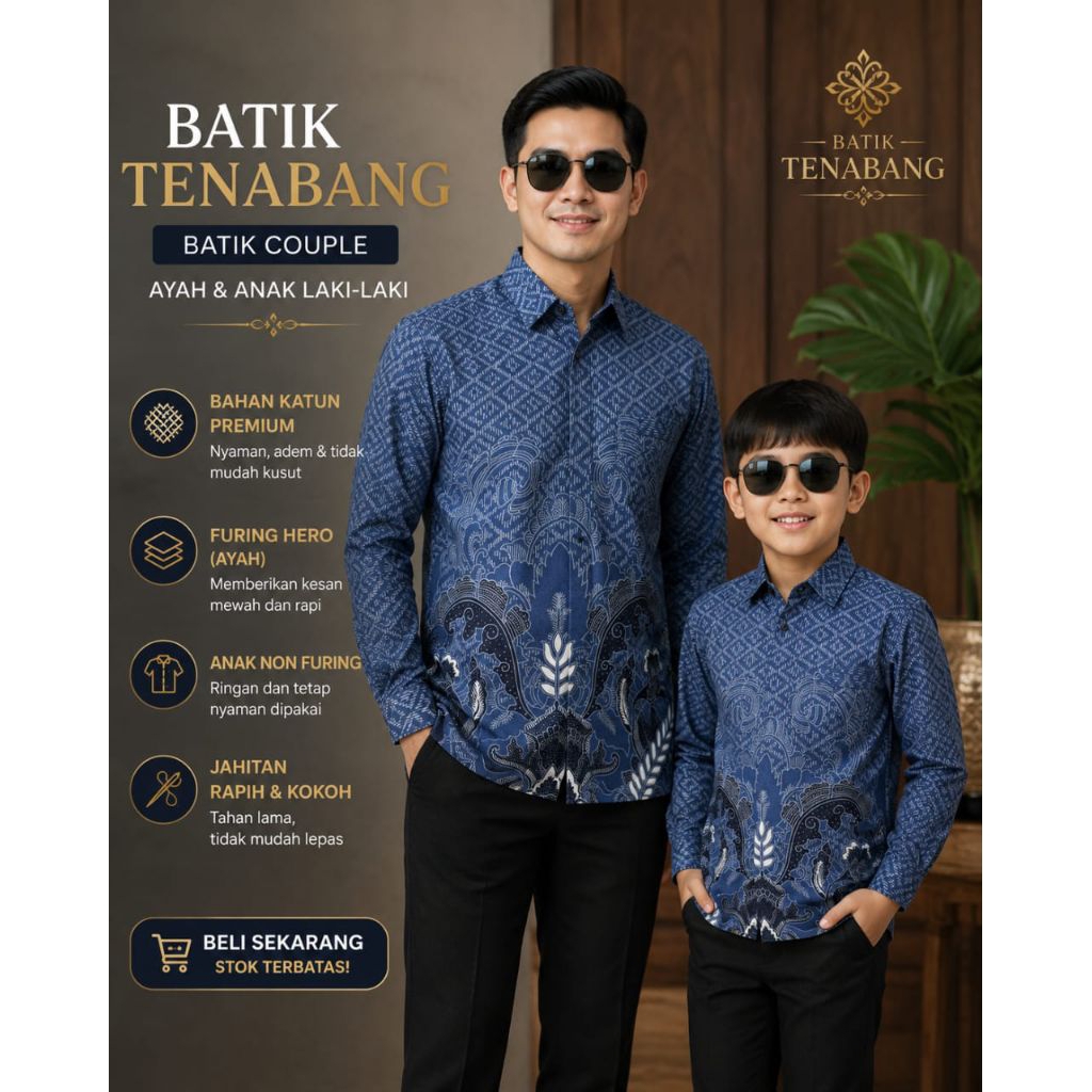 Baju Batik Pria Couple Warna Biru Langit Lengan Panjang Furing Hero & Anak Non Furing Bahan Katun Pr