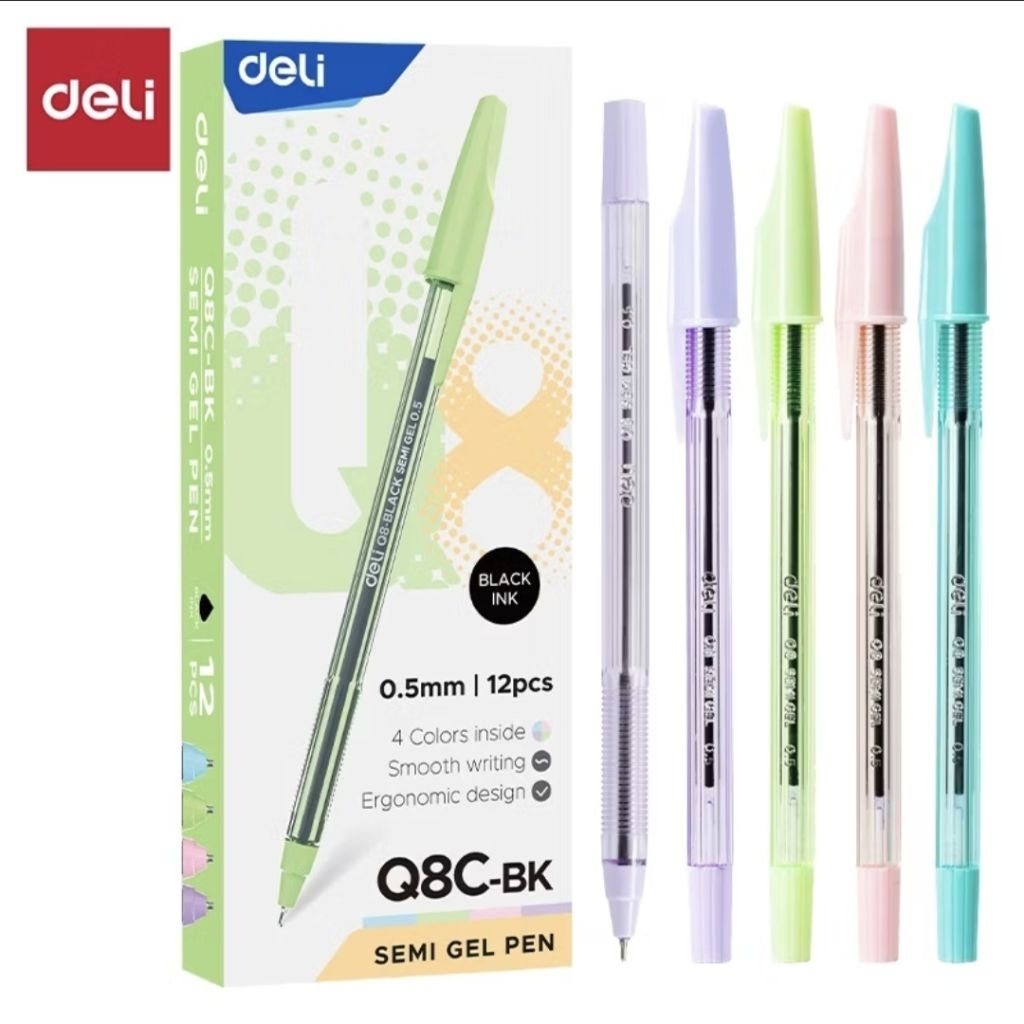 Deli Pulpen Ballpen Q8C Semi Gel Black ink 0.5 mm pastel (1 pack isi 12 pcs) / Pulpen Deli semi Gel 