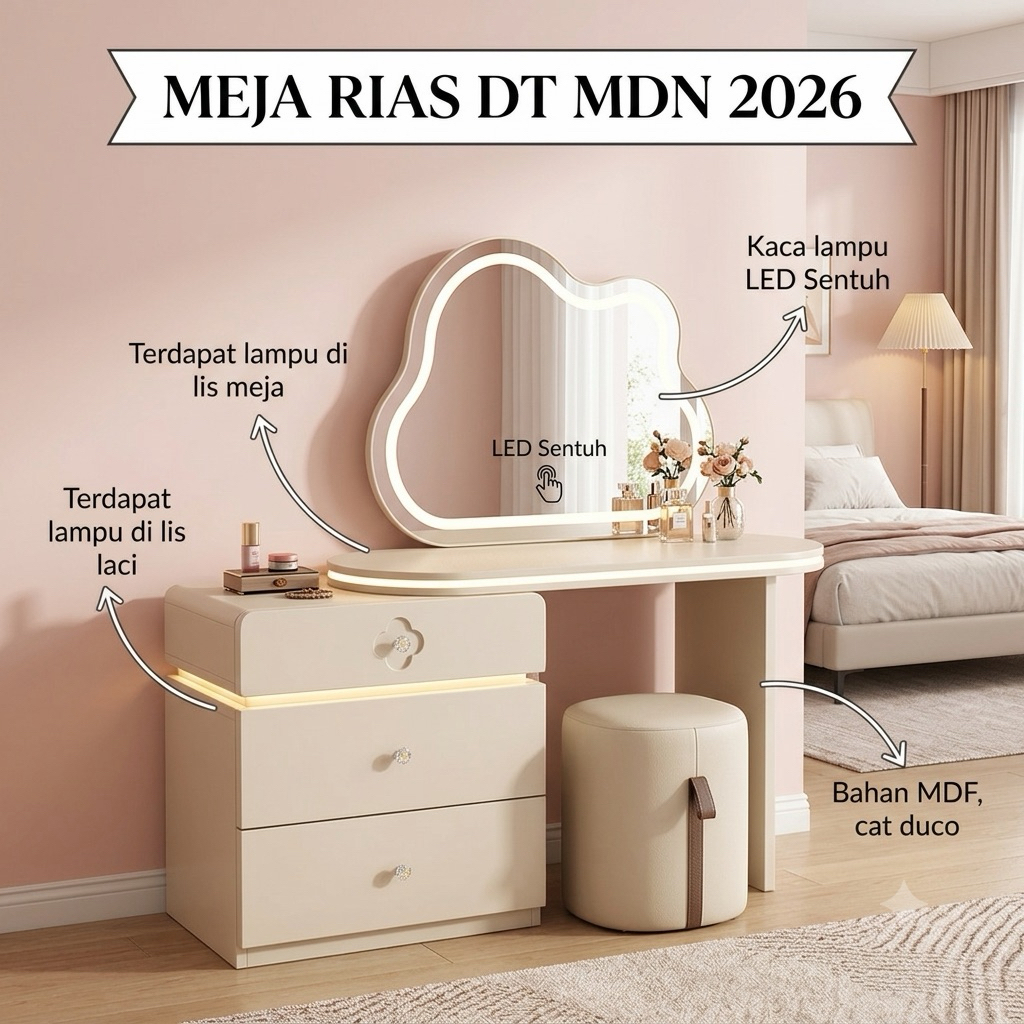 Meja Rias Lampu LED DT MDN 2026 / Meja Rias Lampu Sentuh / Meja Makeup / Meja Belajar Anak Perempuan
