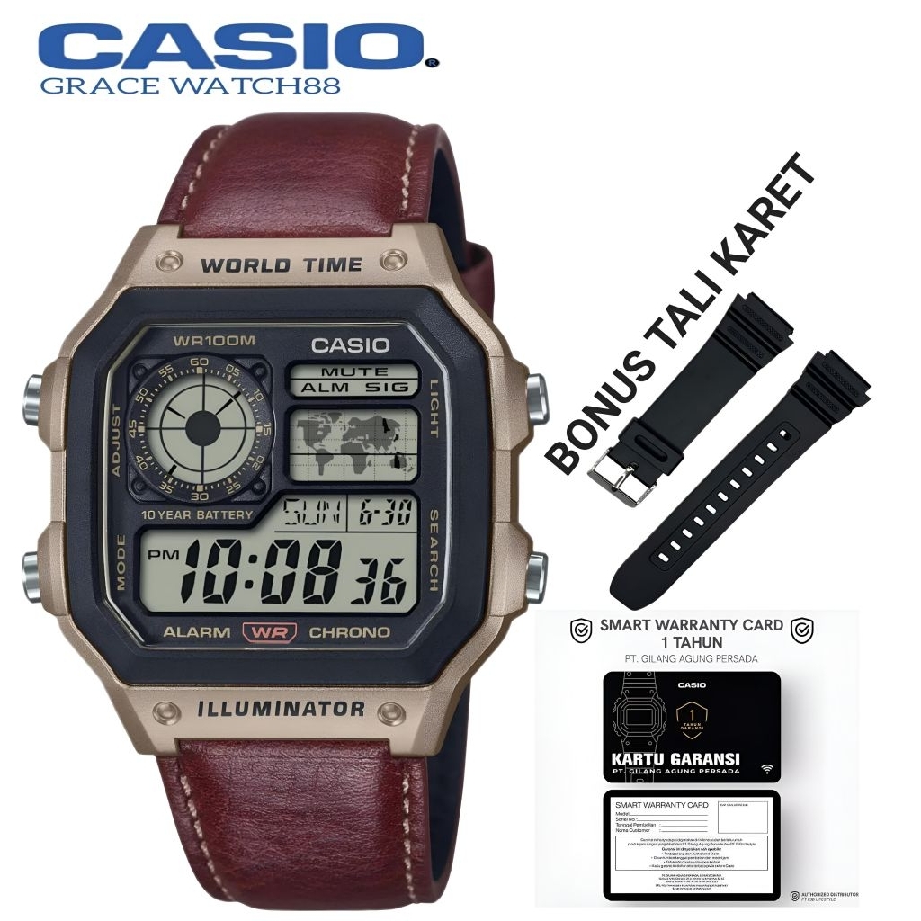 Promo Jam tangan Pria Casio Original AE-1200WHL-5AVDF  Casio kulit Ae-1200whl-5 dapat Bonus Tali Kar