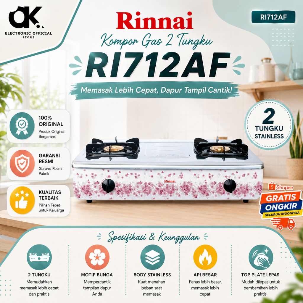 RINNAI KOMPOR GAS 2 TUNGKU RI 712 AF KOMPOR GAS/RI712AF/RI712 AF/RI 712 AF/ORIGINAL RINNAI/GARANSI